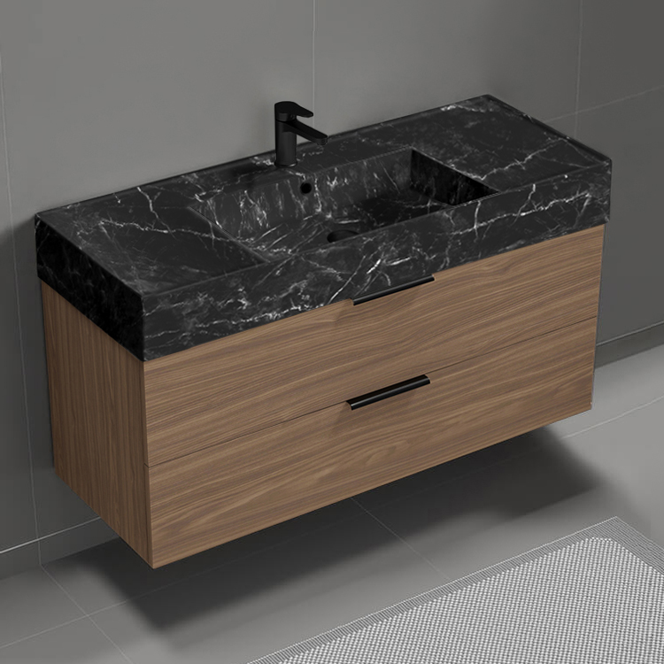 Nameeks DERIN948 Walnut Bathroom Vanity With Black Marble Design Sink, 48 Inch, Floating, Modern